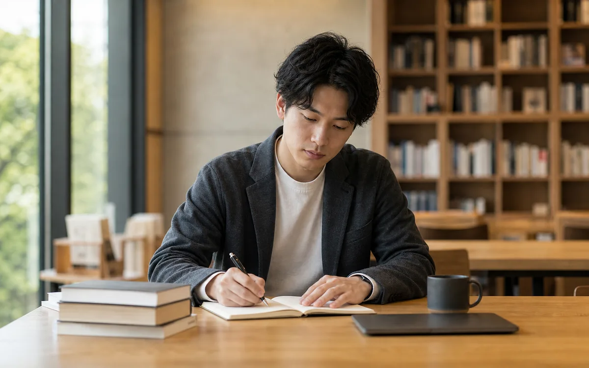 図書館でノートに書き込む社会人