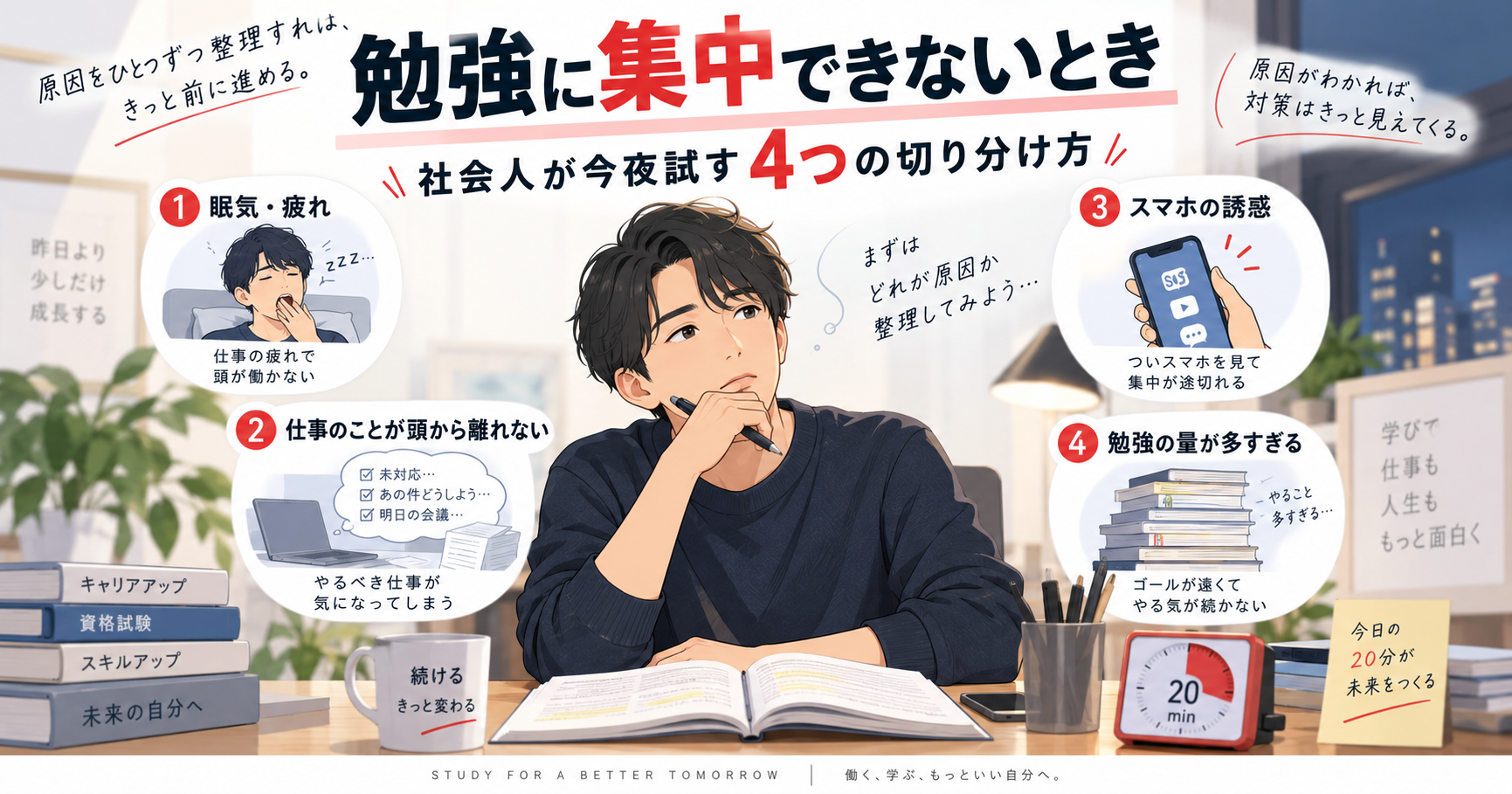 仕事後に勉強を始める社会人が、眠気、仕事、スマートフォン、課題を順に切り分ける様子