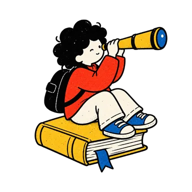 本の上で望遠鏡をのぞく人