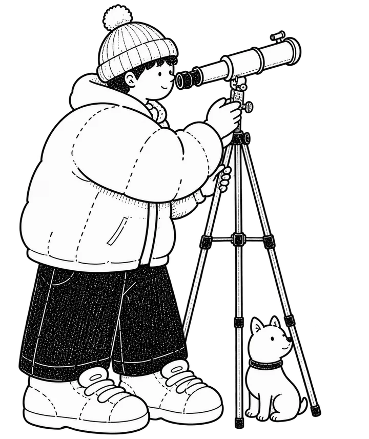 望遠鏡で街の中から学びのきっかけを探す人物